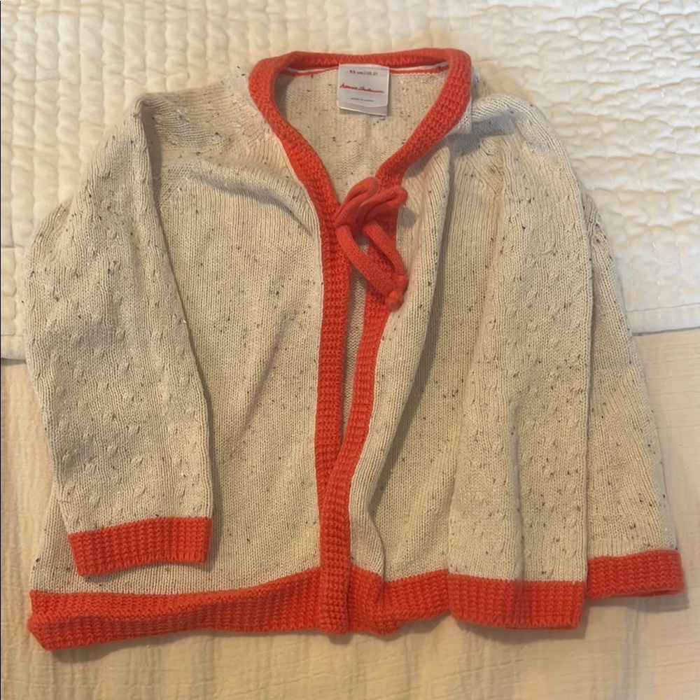 Hanna Andersson Cream and Red Cardigan with Open Front and V-neck